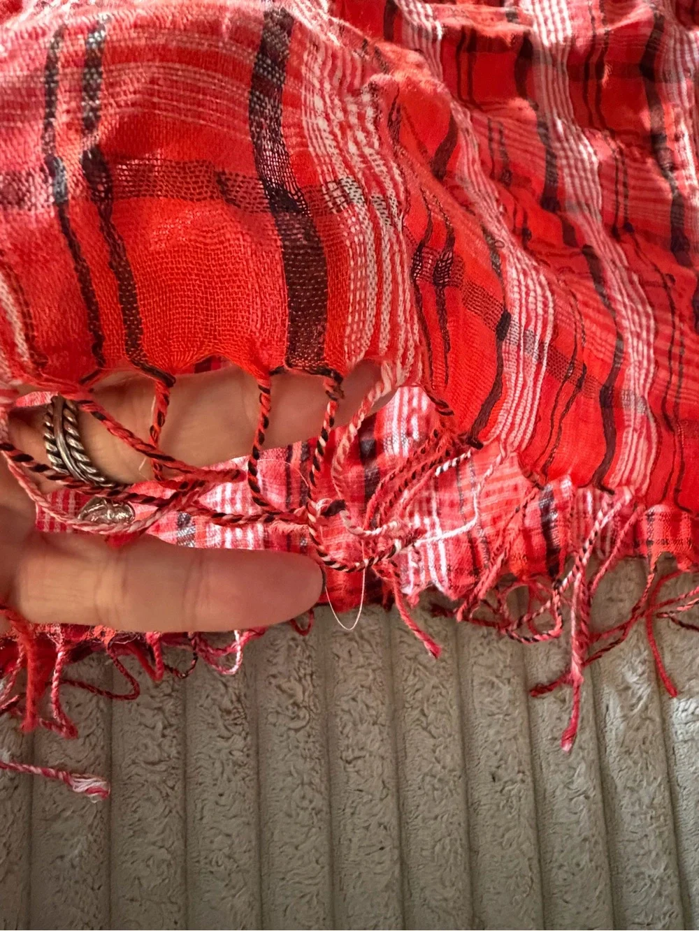 Vintage Italca Italy Red Plaid Fringed Scarf - Linen Viscose Blend